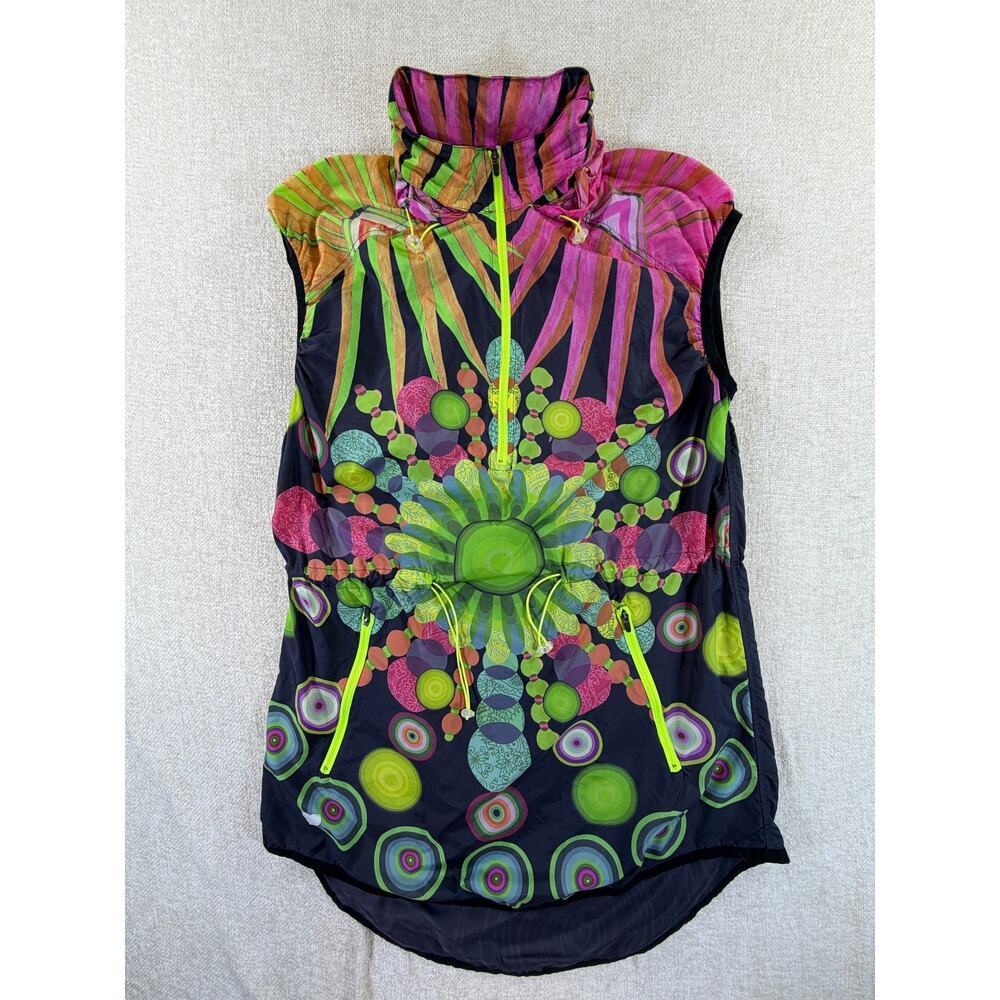 Desigual Womens Large Green Hooded Sleeveless Windbreaker Vest Artsy Boho Casual